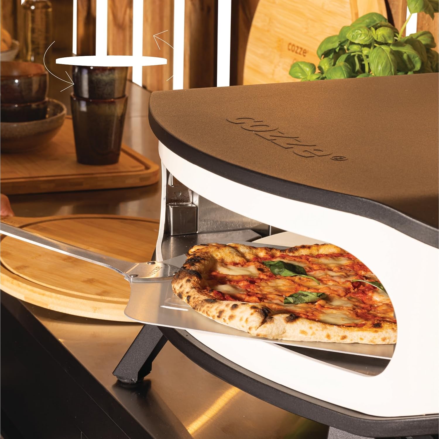 cozze® 17' Pizzaofen mit rotierendem Pizzastein | LED & Tür | 6,0 kW Gasofen 50 mbar | inkl. Regler & 1,1 m Gasschlauch | Ø42,5 cm Stein | Outdoor Pizzaofen | Perfekt für knusprige Pizzen