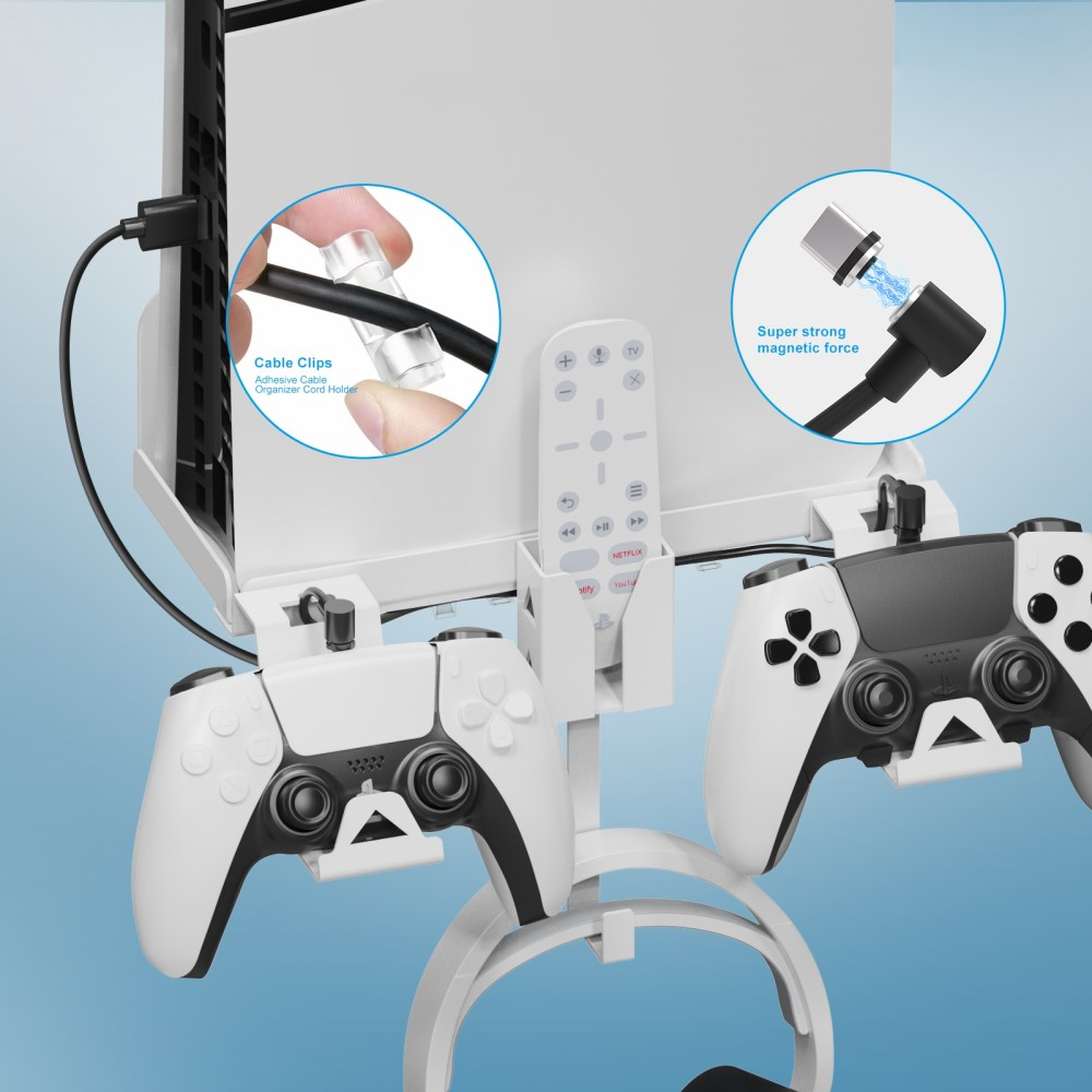 Sony PlayStation PS5 Slim Wandhalterung Metall Konsolen Halter mit Fernbedienung / Headset / Controller Halterung inkl. Dual Ladekabel - Weiss
