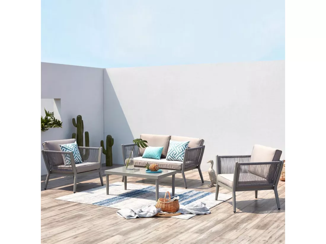 Salon jardin 4 places en alu et corde gris clair ANAHMA