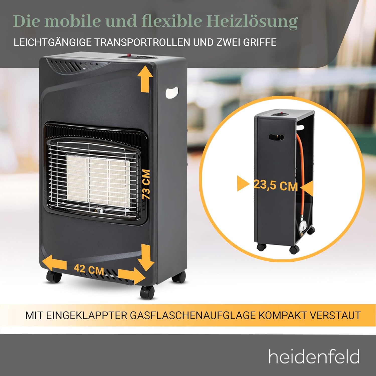 Heidenfeld Gasheizung Inferno GH100 |    - 4200 Watt - Heizstrahler - Gasheizung für Innenräume - Gasofen - Gasheizer - Gasflaschen bis 15 Kg - Gasschlauch (Schwarz)