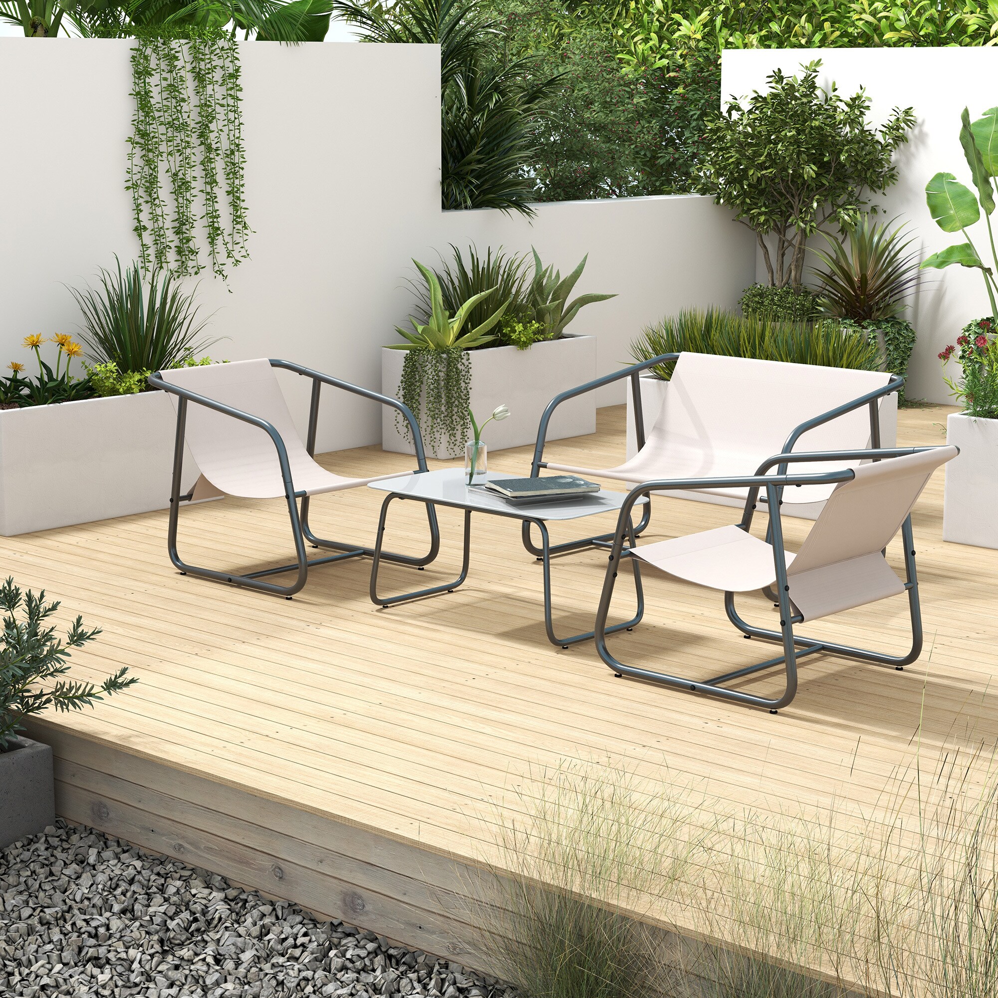 Outsunny Gartenmöbel-Set mit Couchtisch weiß 110L x 70B x 70H cm