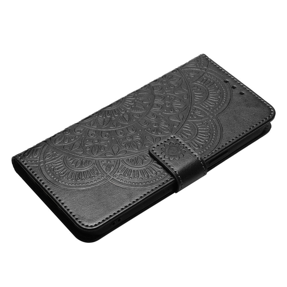 iPhone 16 Pro Max Leder Tasche Wallet - Mandala Flowers Imprint - Schwarz