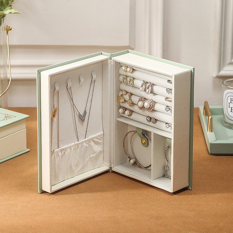 (15x21cm) Leder Schmuckschatulle Aufbewahrungsbox Organizer für Ringe / Ohrringe / Armbänder mit Magnetverschluss - Grün / Beige