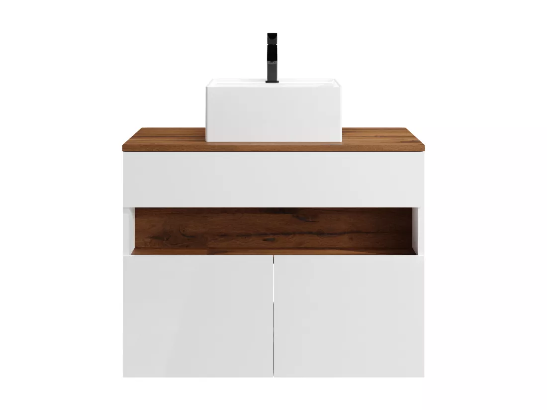 Meuble de salle de bain suspendu à LEDs avec vasque à poser - Blanc et naturel foncé - L80 cm - POZEGA
