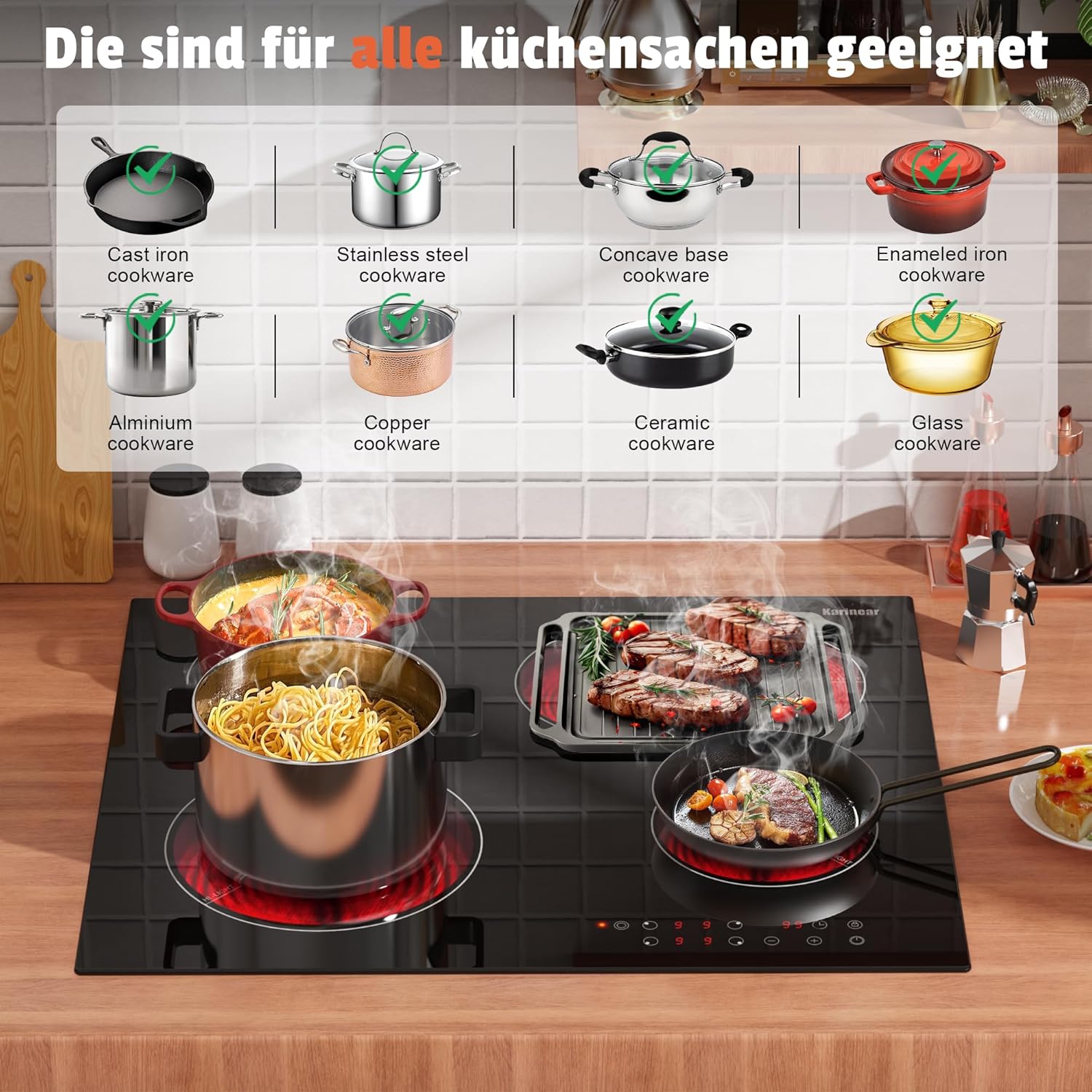 Karinear Glaskeramikkochfeld 4 Platten, Kochfeld Keramik Autark mit Doppelter Ausziehbarer Zone, Touch-Bedienelemente, Timer, Sicherheitsverriegelung, 6600 W, Herdplatte 60 cm Einbau, 240V