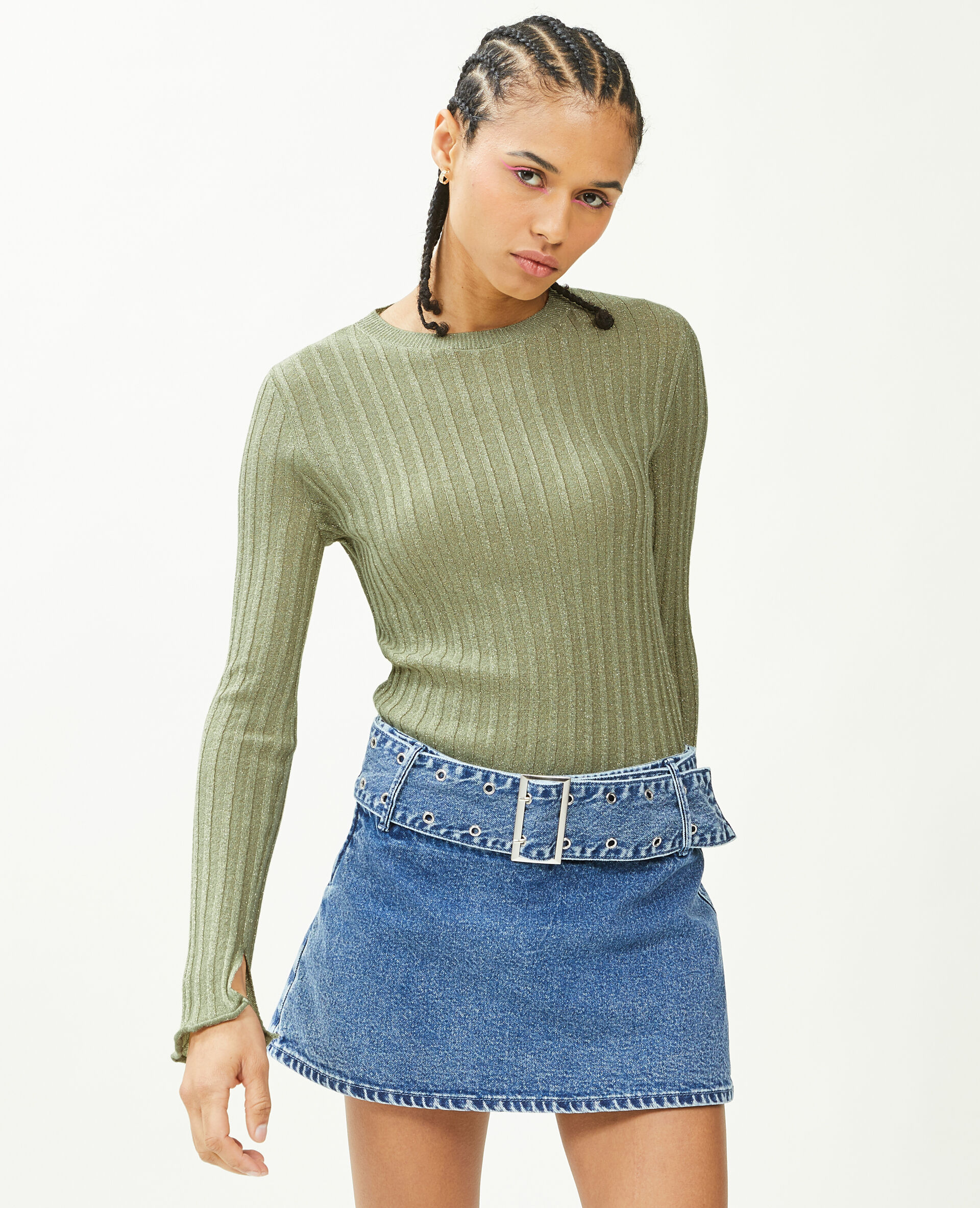 Pull léger avec fils métallisés - Vert de gris