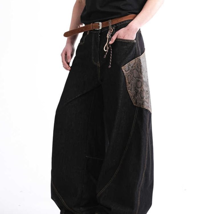 Adotuiastic - Mid Rise Snakeskin Print Patchwork Wijde Pijpen Jeans
