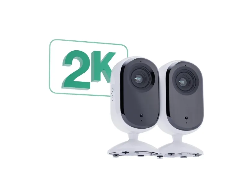 Arlo Essential Indoor 2K - Netværksovervågningskamera - indendørs - farve (Dag/nat) - 4 MP - 2560 x 1440 - audio - trådløs - WiFi - med Arlo Secure Plan (Trial) (pakke med 2)