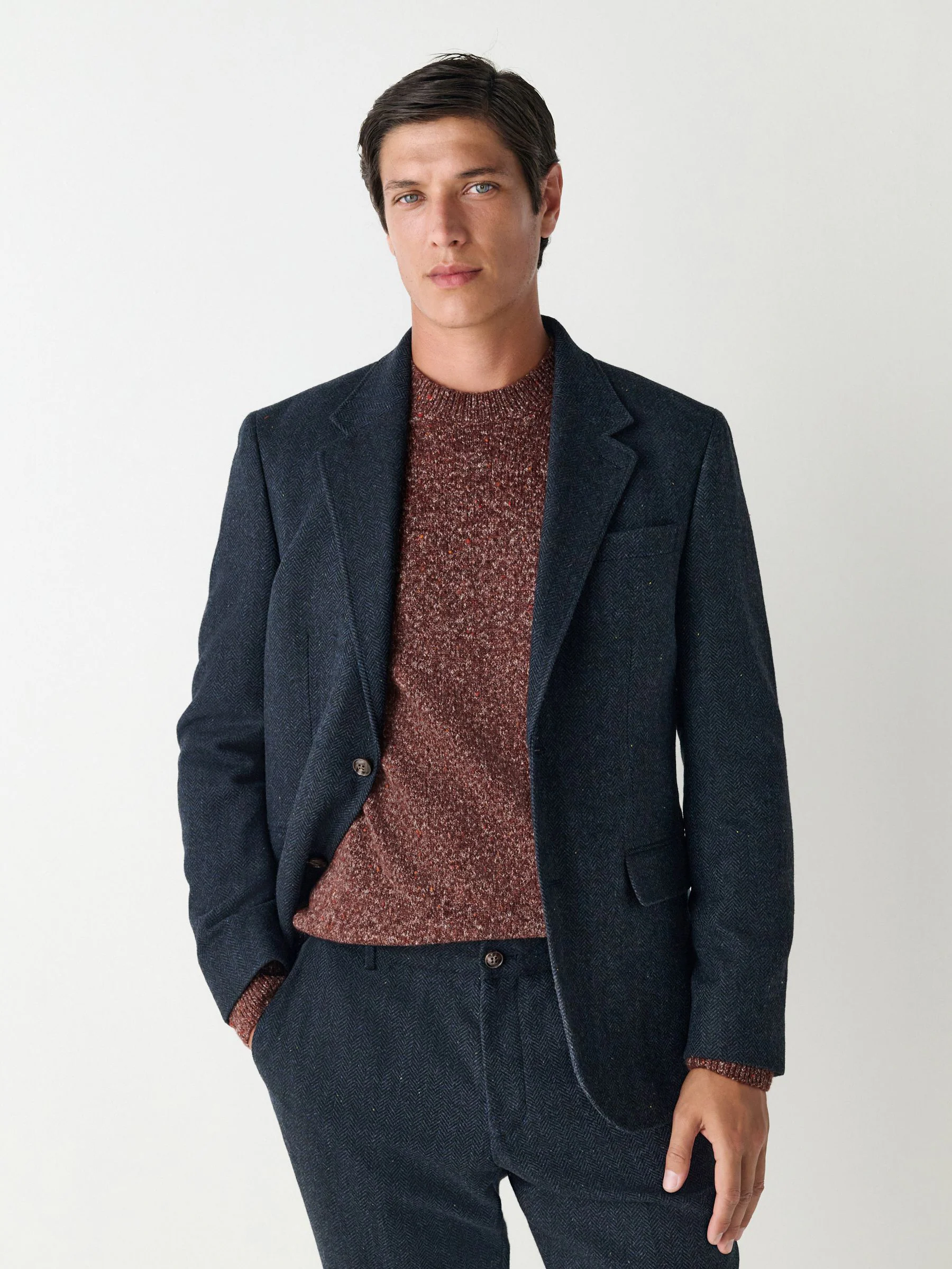 Donkerblauw - Slim Fit Herringbone Wool Blend Suit Jacket