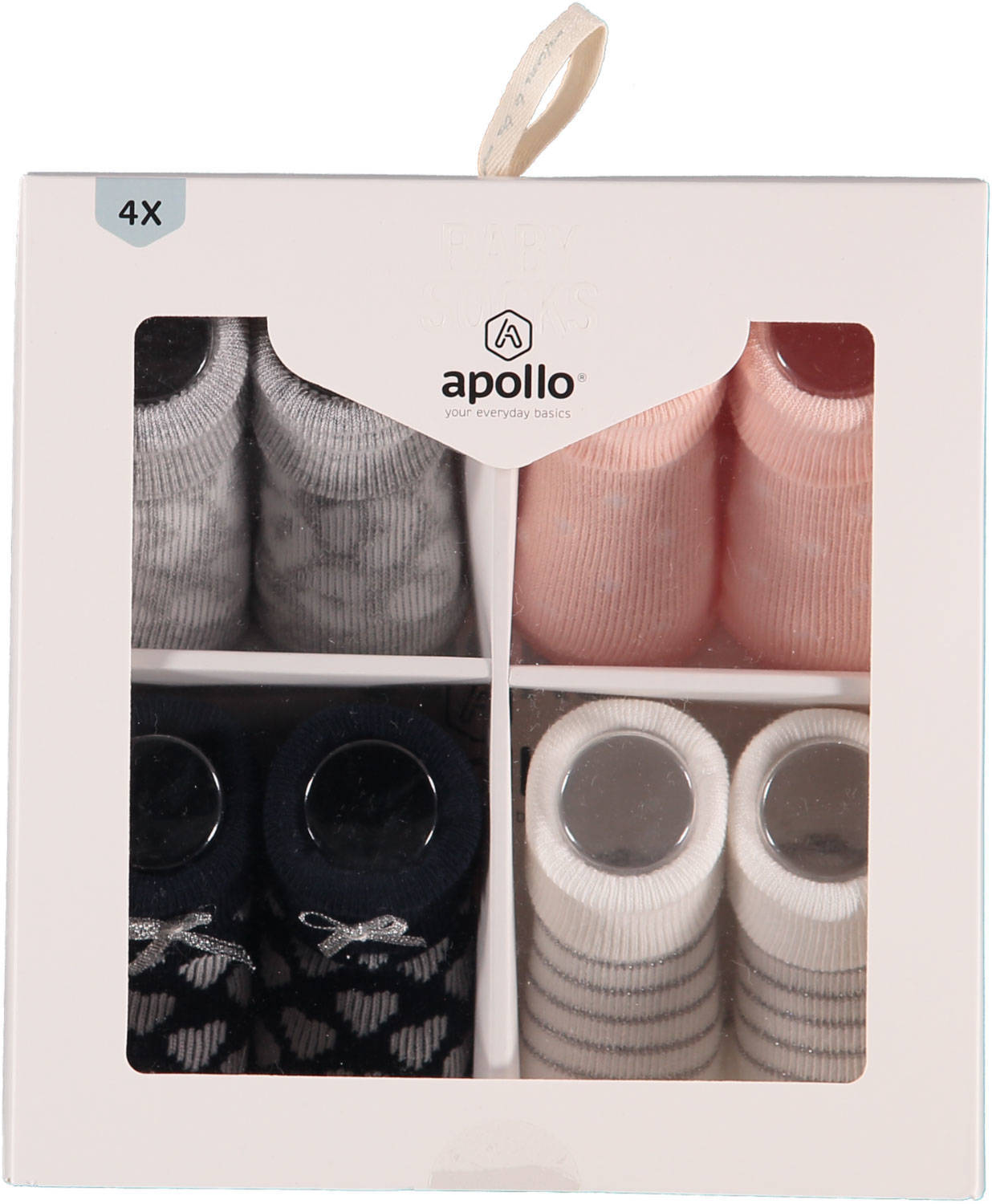 Apollo new born sokken - set van 4 in een geschenkset roze/wit/blauw