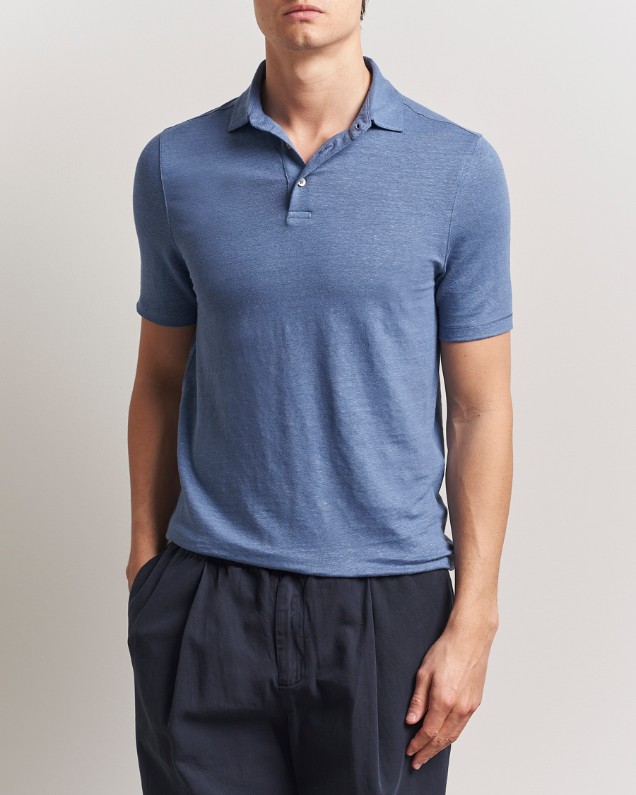 Stenströms Linen Polo Shirt Mid Blue