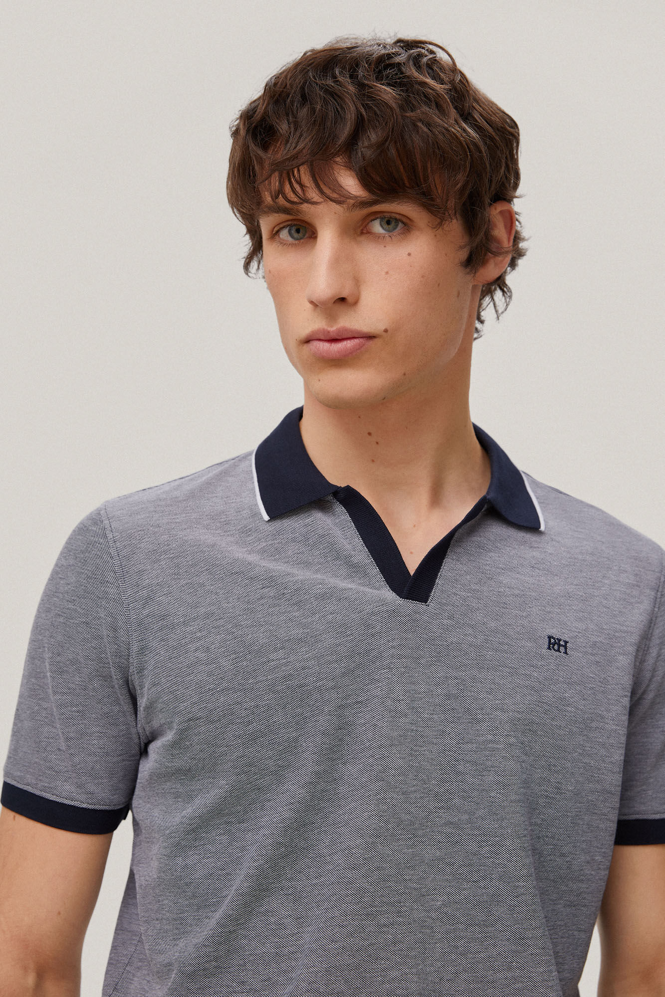 Camisa polo Oxford com gola aberta - Azul