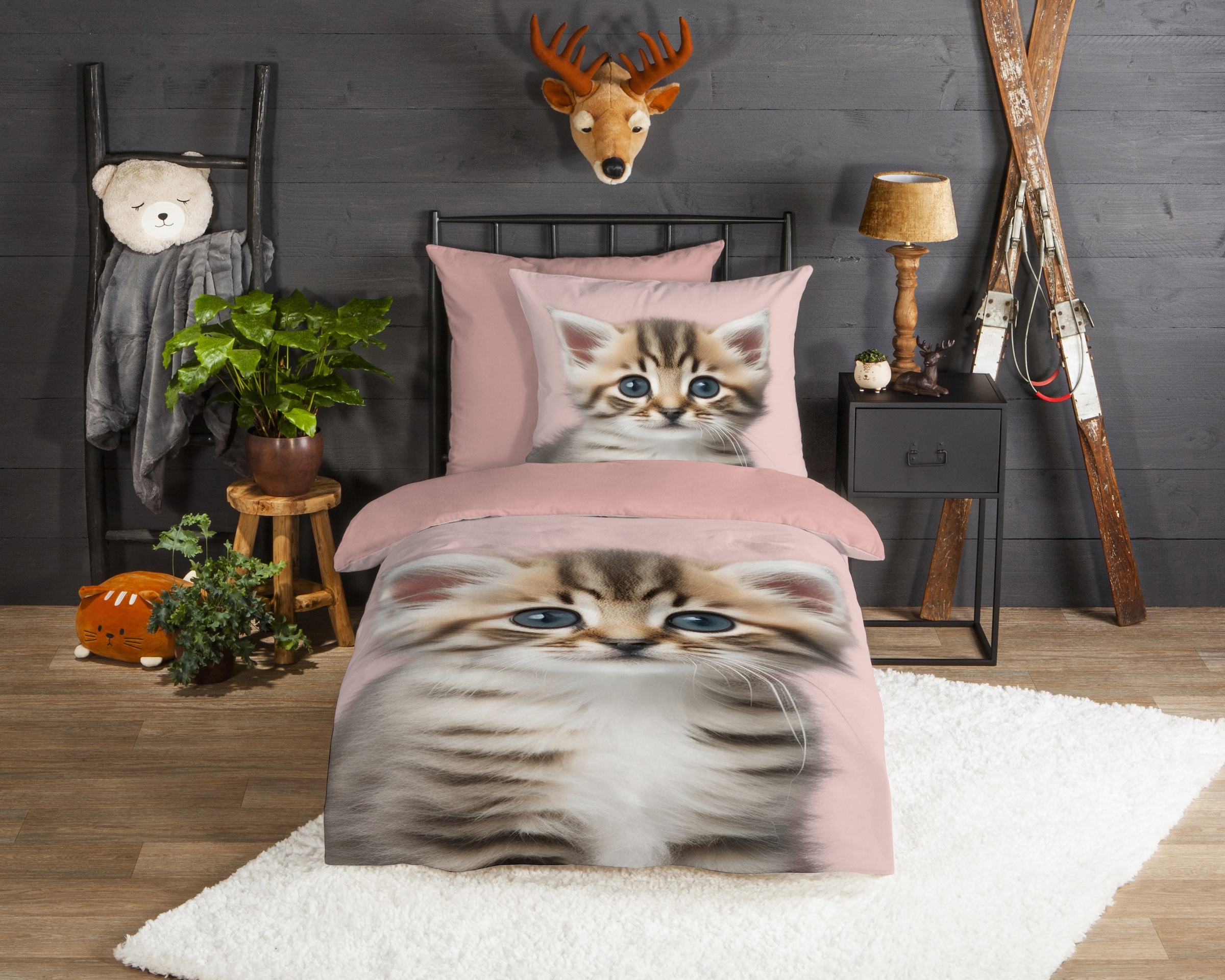 good morning Kinderbettwäsche »Meow« 2 Stk. tlg. Flanell, Biber, 135x200, Warm, Wendeoptik, Kind, Mädchen, Katze, Rosa