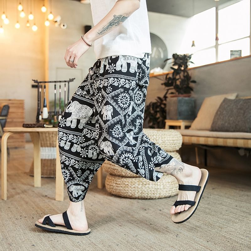 Blueforce - Cropped baggy broek met trekkoord en olifantenprint