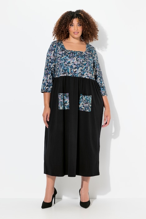 Jersey-Maxikleid, Blüten, Carree-Ausschnitt, 3/4-Arm