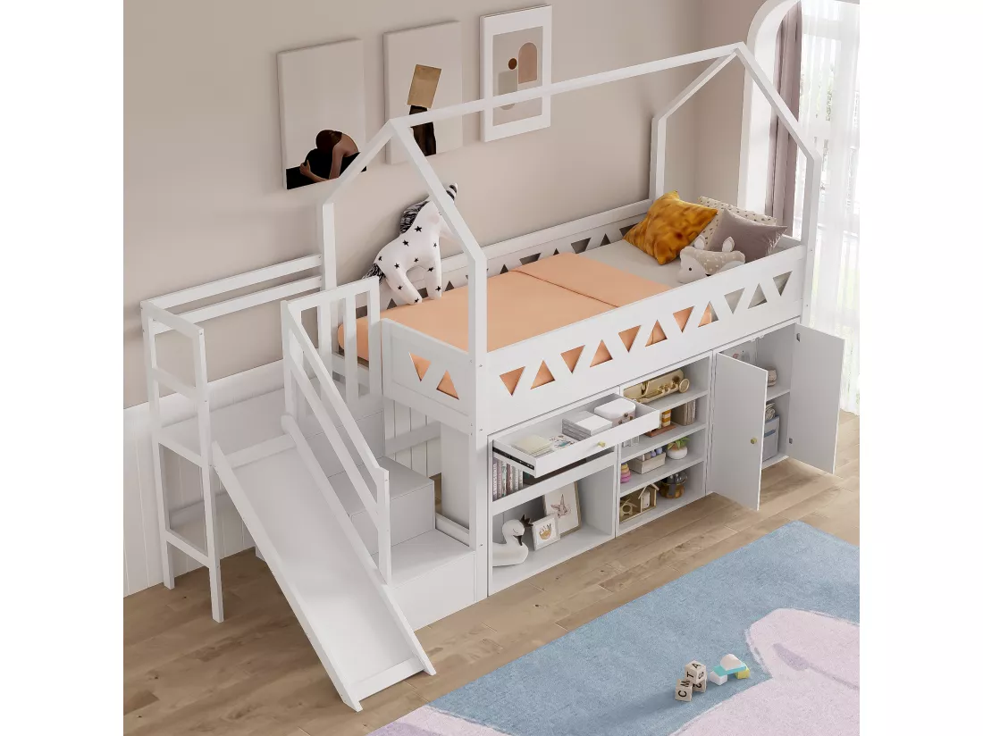 Lit mezzanine multifonctionnel en bois et MDF - 90x200 cm - avec toboggan, escalier et casiers - Blanc(sans matelas)