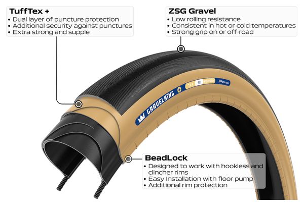 Pneu Gravel Panaracer GravelKing  700 mm Tubeless Ready Souple ZSG Gravel Compound BeadLock TuffTex  Noir
