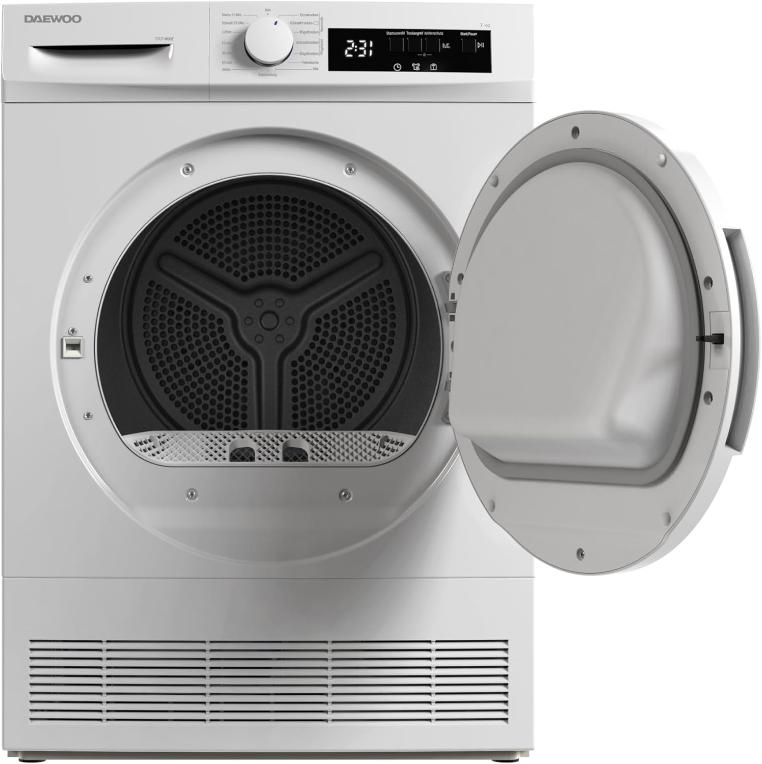 Daewoo T7CT1W0DE Kondenstrockner Frontlader, G, 7 kg, 15 Programme mit 29 Min.-Kurzprogramm, Startzeitvorwahl, LED-Trommelbeleuchtung, Weiß