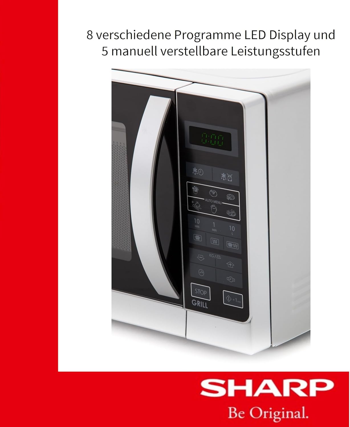 Sharp R742INW 2-in-1 Mikrowelle mit Grill/ 25 L/ 900 W/ 1000 W Grill/LED-Display/ 8 Automatikprogramme/Gewichtgesteuertes Auftauen/Kindersicherung/Energiesparmodus/hoher Rost/Silber