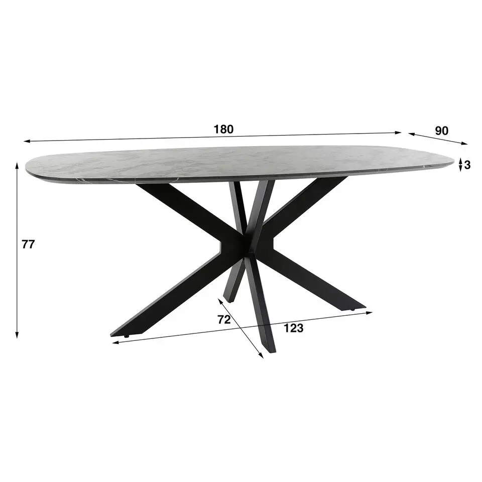 Eettafel Deens Ovaal 180cm - Zwart Marmerlook - 4-6 Personen