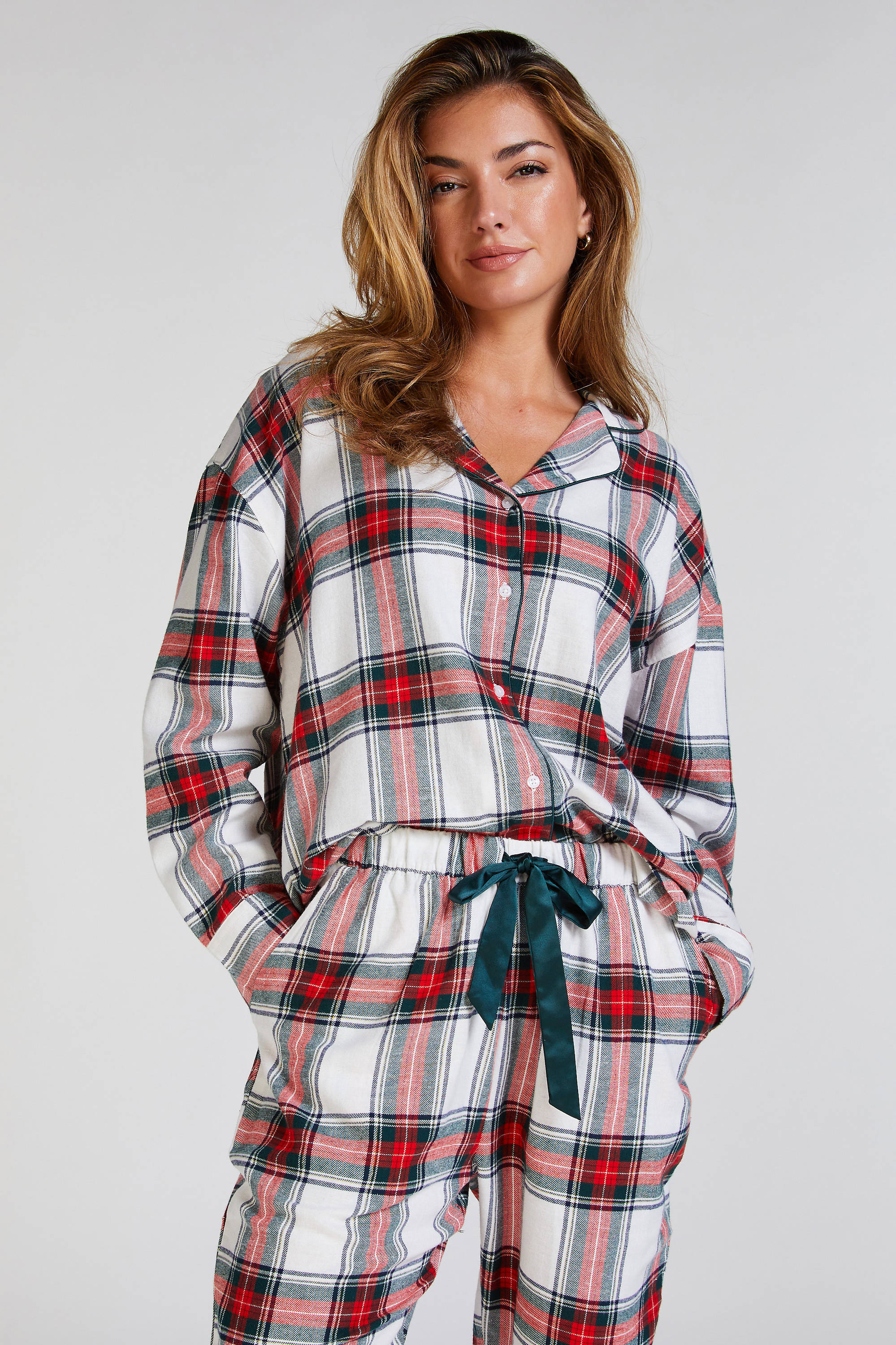 Hunkemöller flanellen pyjamatop wit/rood/grijs