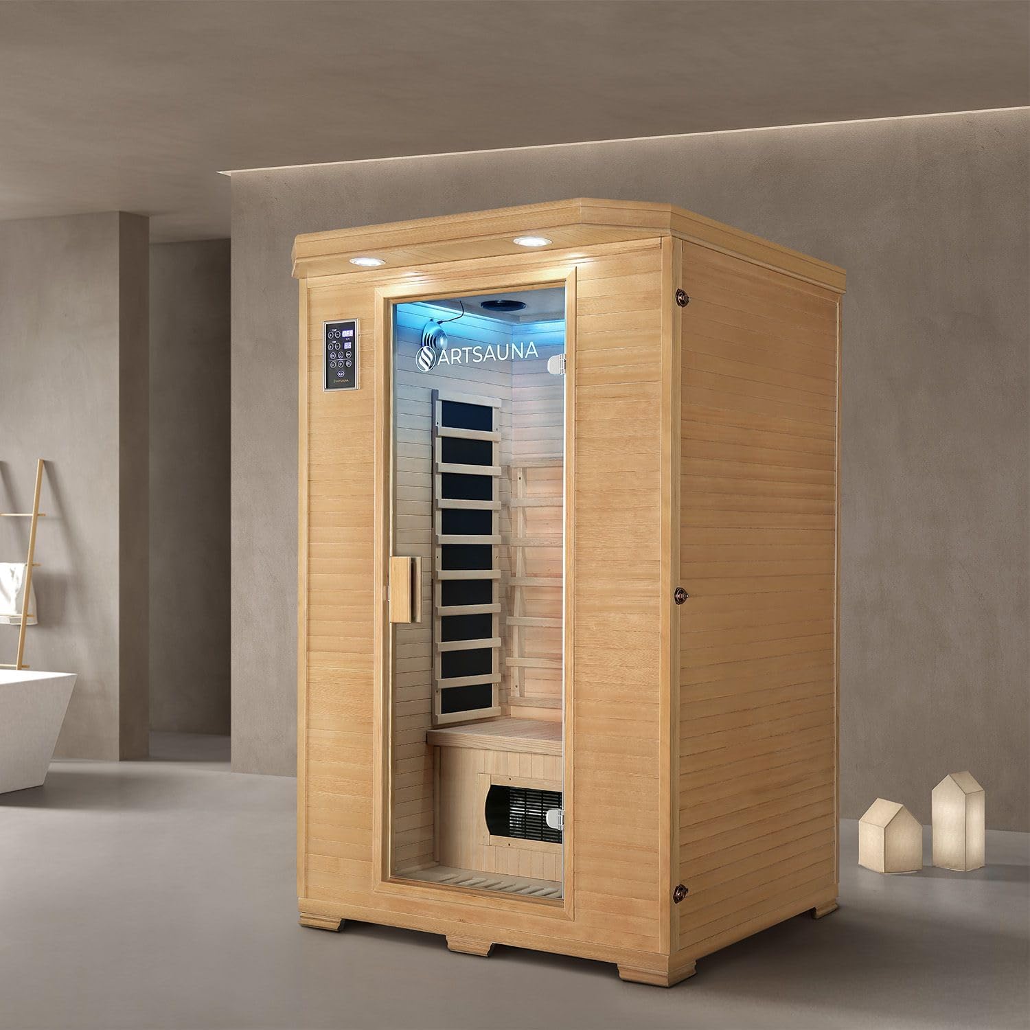 Artsauna Infrarotkabine Oslo - Triplex-Heizsystem Infrarotsauna - 2 Personen - LED-Farblicht, Digitale Steuerung - Hemlock-Holz