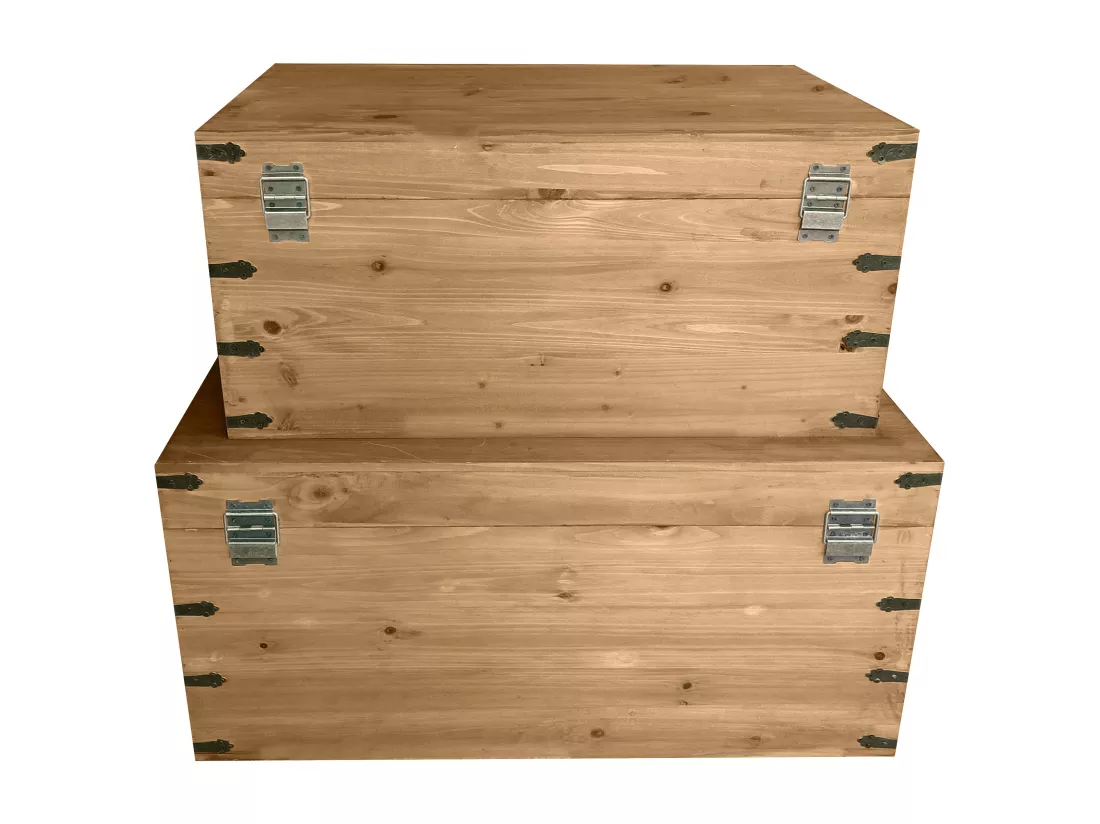 Lot de 2 malles en bois de sapin et MDF - L. 70 x P. 46 x H. 35 cm et L. 60 x P. 38 x H. 30 cm - Naturel - MALOUEN
