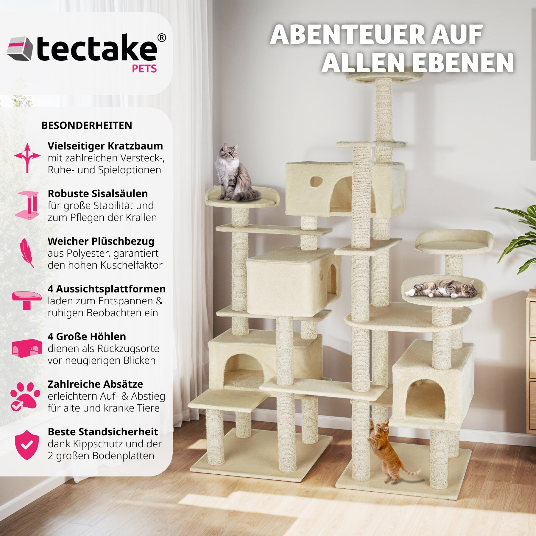 tectake® Kratzbaum, 214 cm, mit 4 Katzenhäusern, inklusive Kippschutz