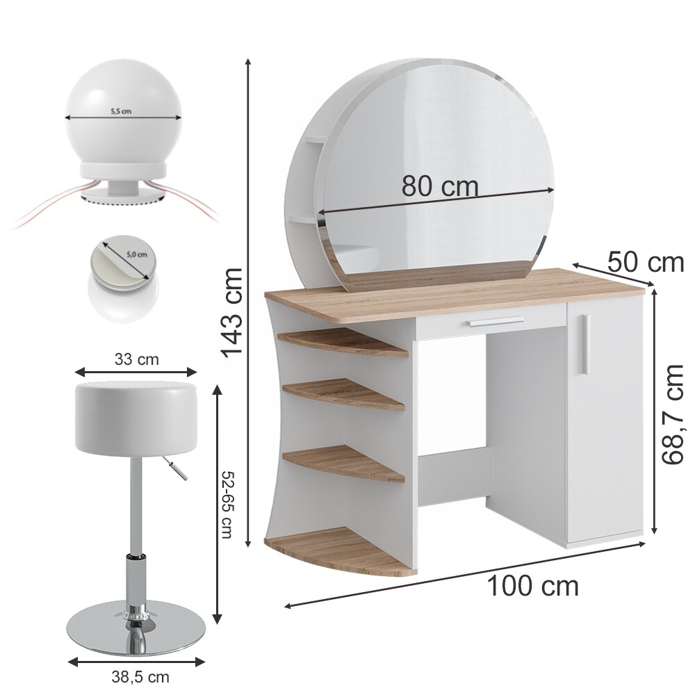 Vicco Schminktisch Frisiertisch Kosmetiktisch Almina Weiß Sonoma Schminkspiegel 100x143 modern LED Beleuchtung Hocker Schlafzimmerkommode Schminkkommode Schublade Frisierkommode Make-Up-Tisch