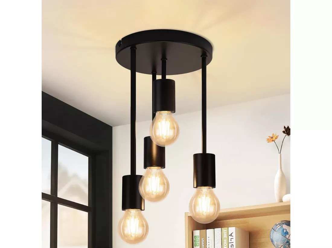 NETTLIFE Plafonnier plafonnier vintage noir 4 ampoules E27 rétro métal industriel Sans ampoules