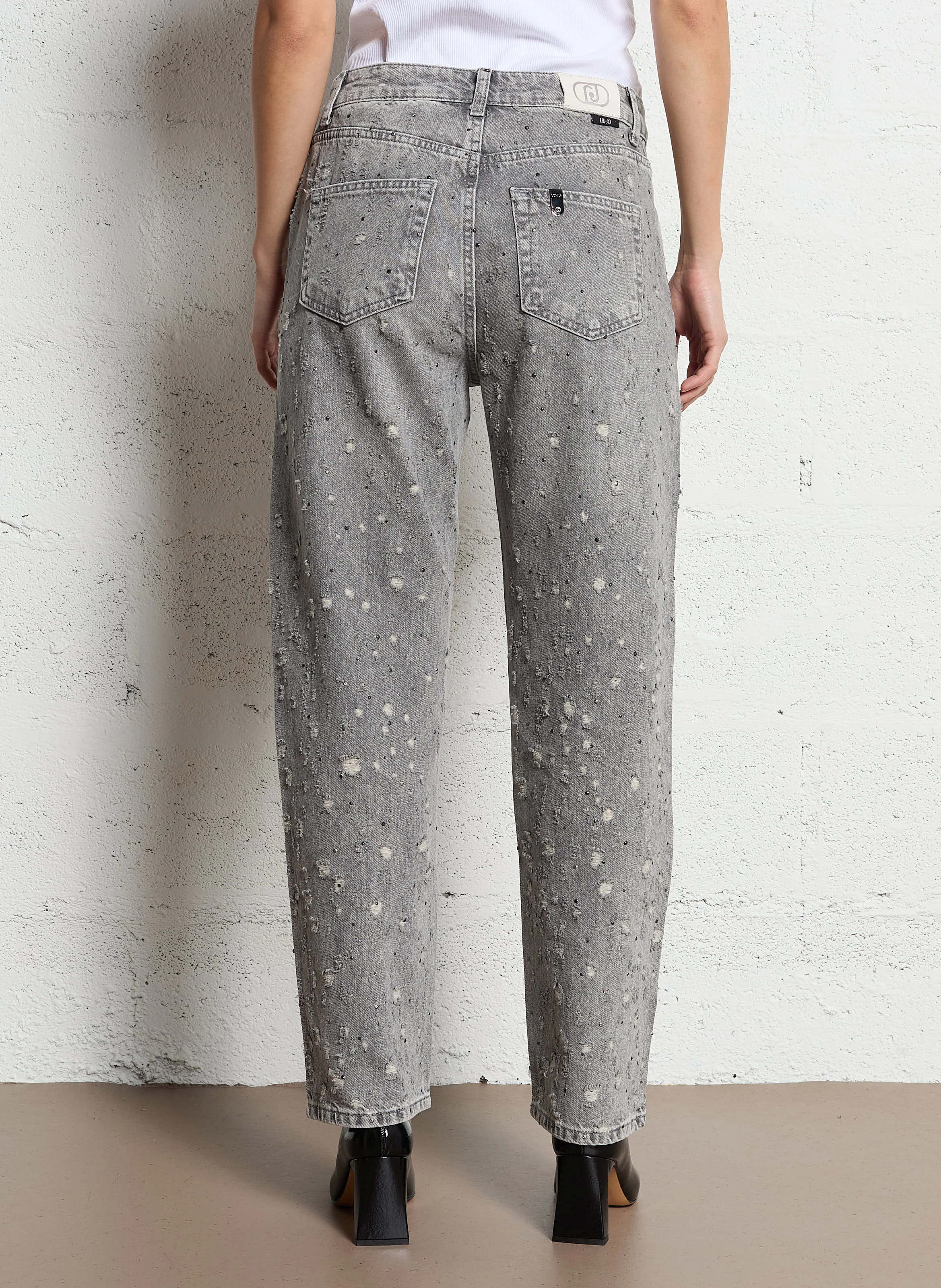 Jean droit taille haute en coton | Gris