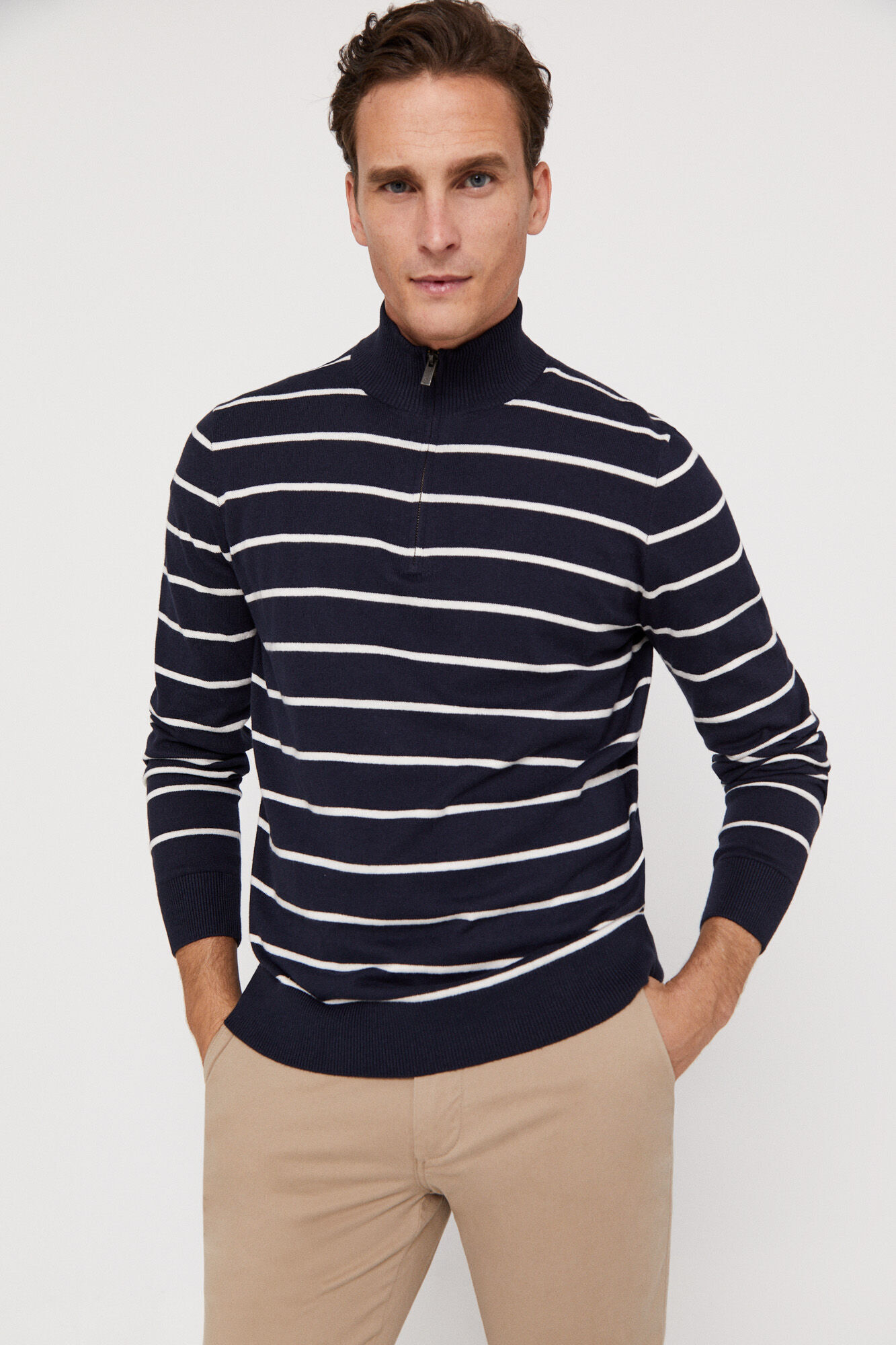 Camisa Rayas cuello com cremallera - Azul marinho