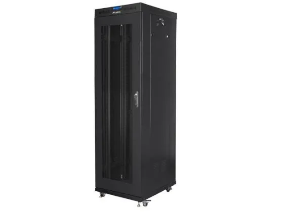 Lanberg FF01 series V2 - Rack kabinet - flad pakke, LCD, med netdør, 600x1000 - med 6 køleblæsere - fritstående - RAL 9004, sort - 42U - 19
