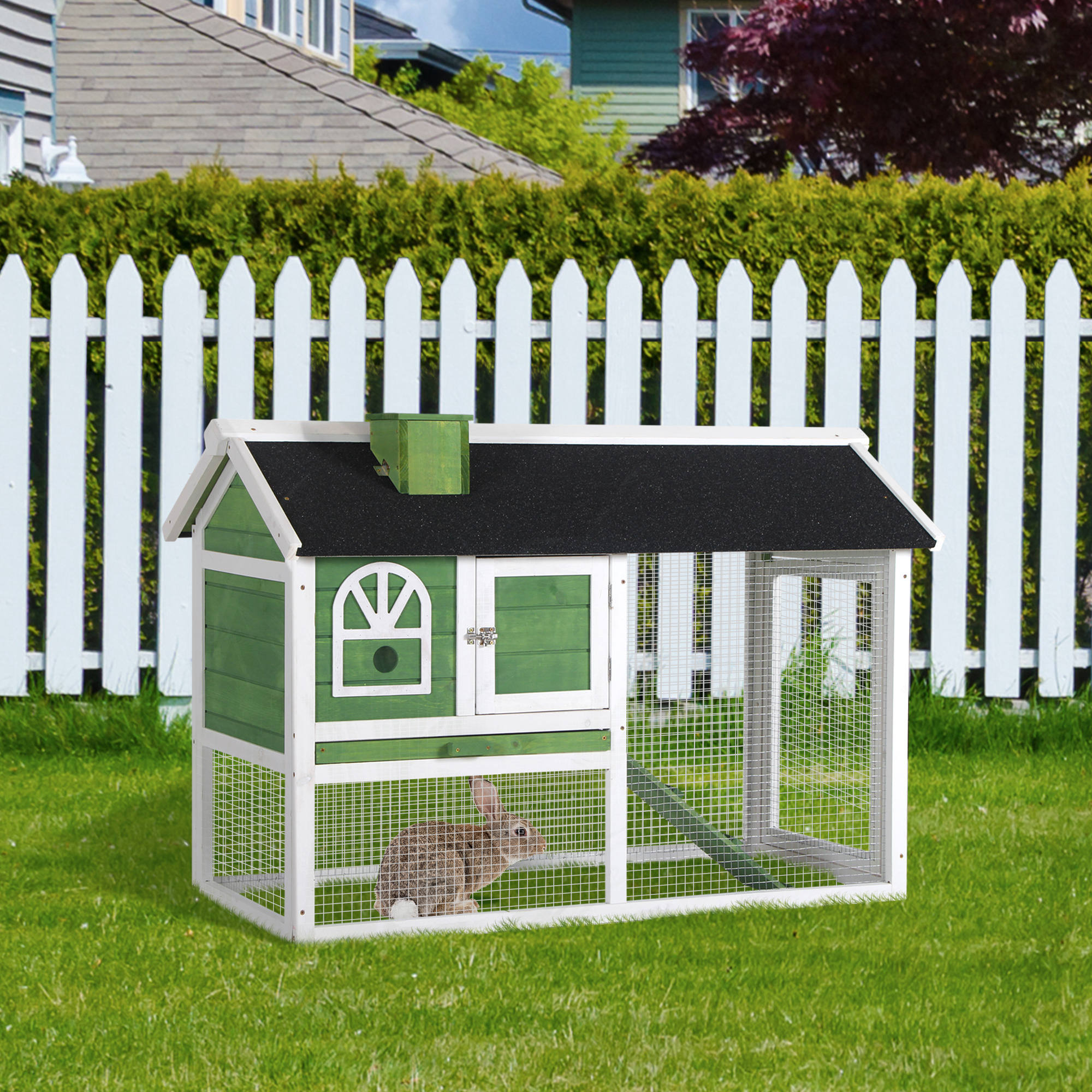 Gaiola de madeira PawHut para coelhos, 120x60x79 cm, grande, com telhado de asfalto, bandeja removível, escada e chaminé para uso externo, verde.