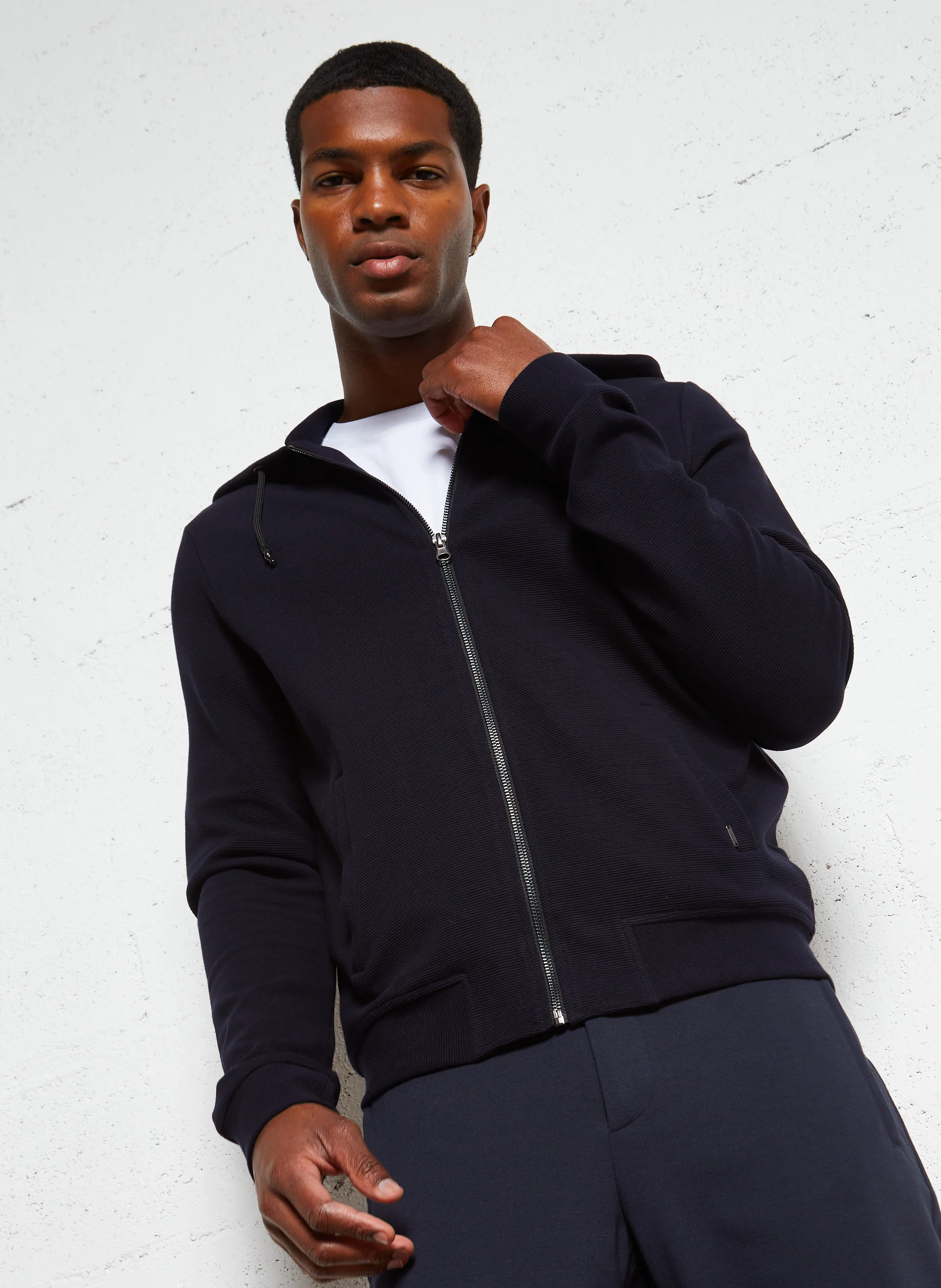 Gilet col rond regular fit à capuche en coton mélangé | Bleu