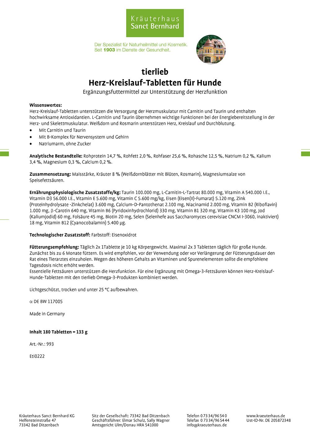 Sanct Bernhard tierlieb Herz-Kreislauf Tabletten für Hunde