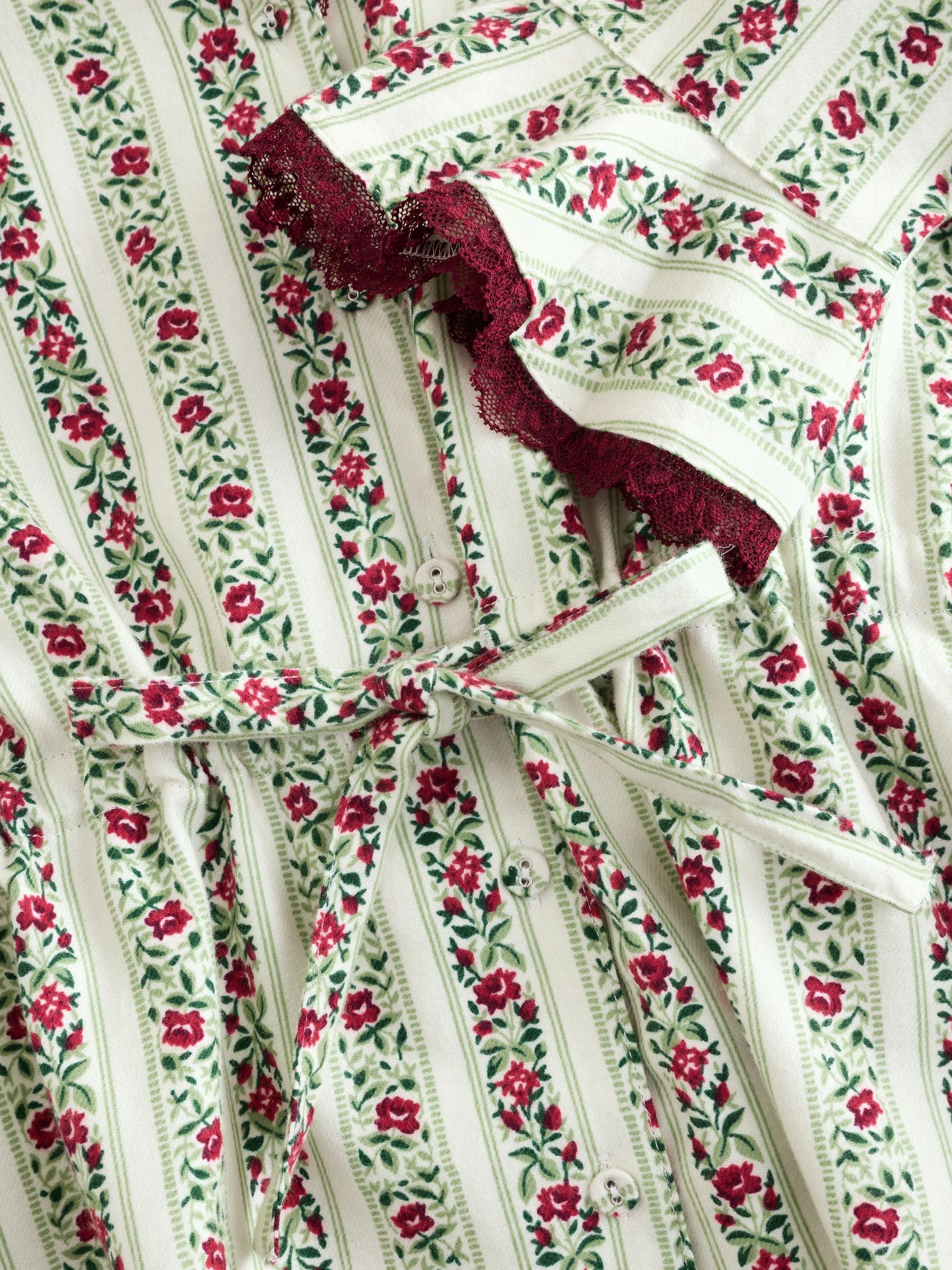 Laura Ashley Festive Christmas Kelbrook Stripe Button Through Pyjamas with Lace Edge