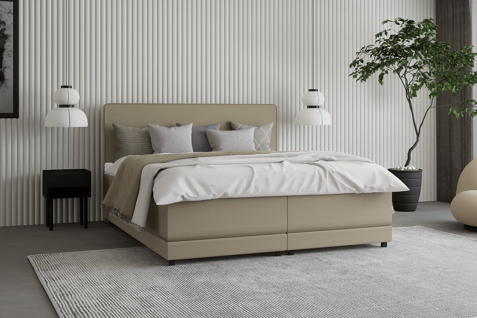 Premium 10 regulerbar seng 180x200 cm Tekstil Storm 09 mørk beige, medium/fast, Premium 10 overmadrass med sorte ben, gavl selges separate.