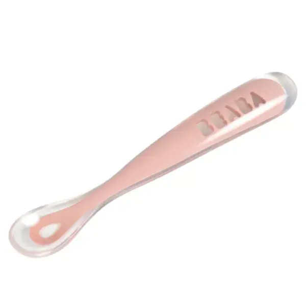 Colher de silicone Béaba para refeições infantis, rosa.