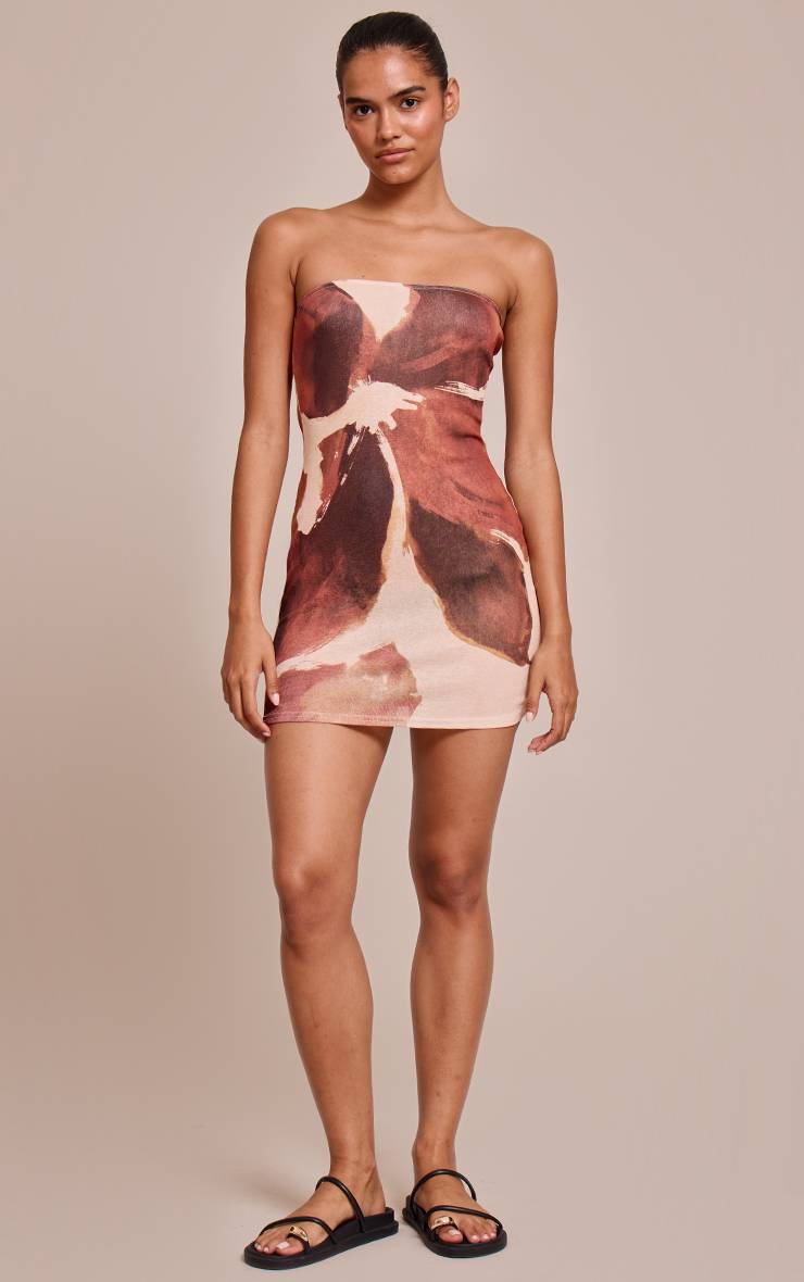 Chocolat Robe Courte Bandeau En Tissu Plissé À Imprimé Abstrait Floral