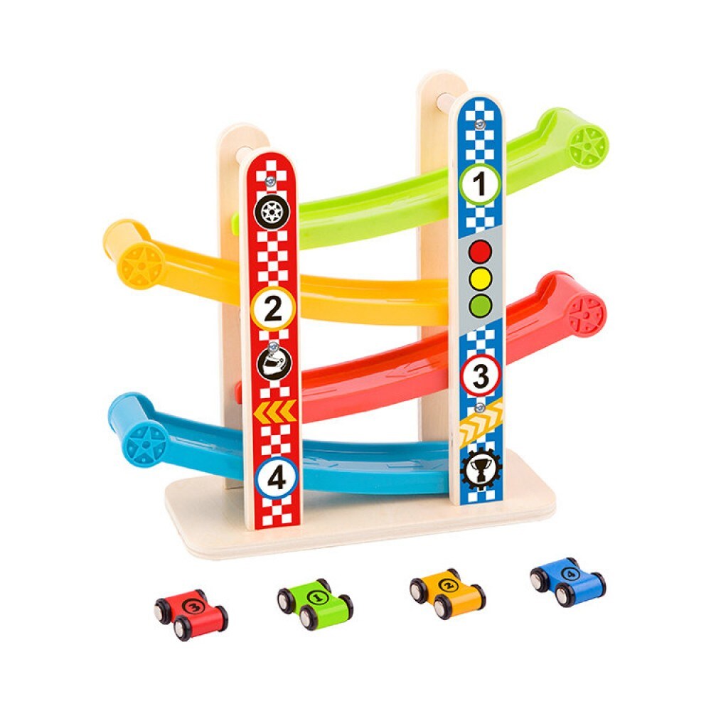 Tooky Toy Holzturm-Rennbahn TY840 klein, Rutschturm auf 4 Ebenen, 4 Rennautos bunt