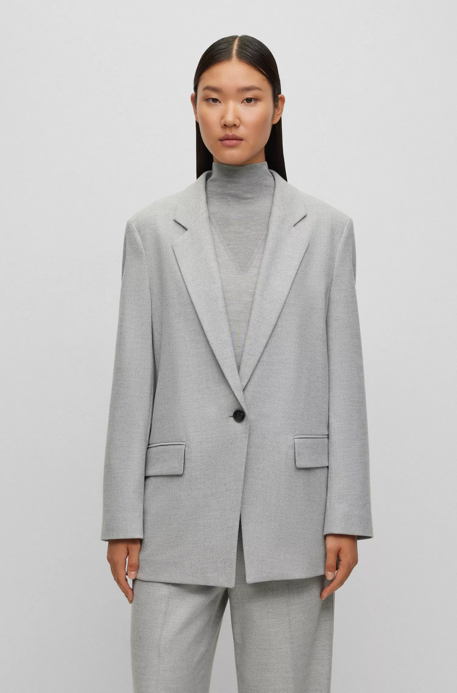 Jaqueta BOSS preta de modelagem oversized com um botão em flanela mesclada.