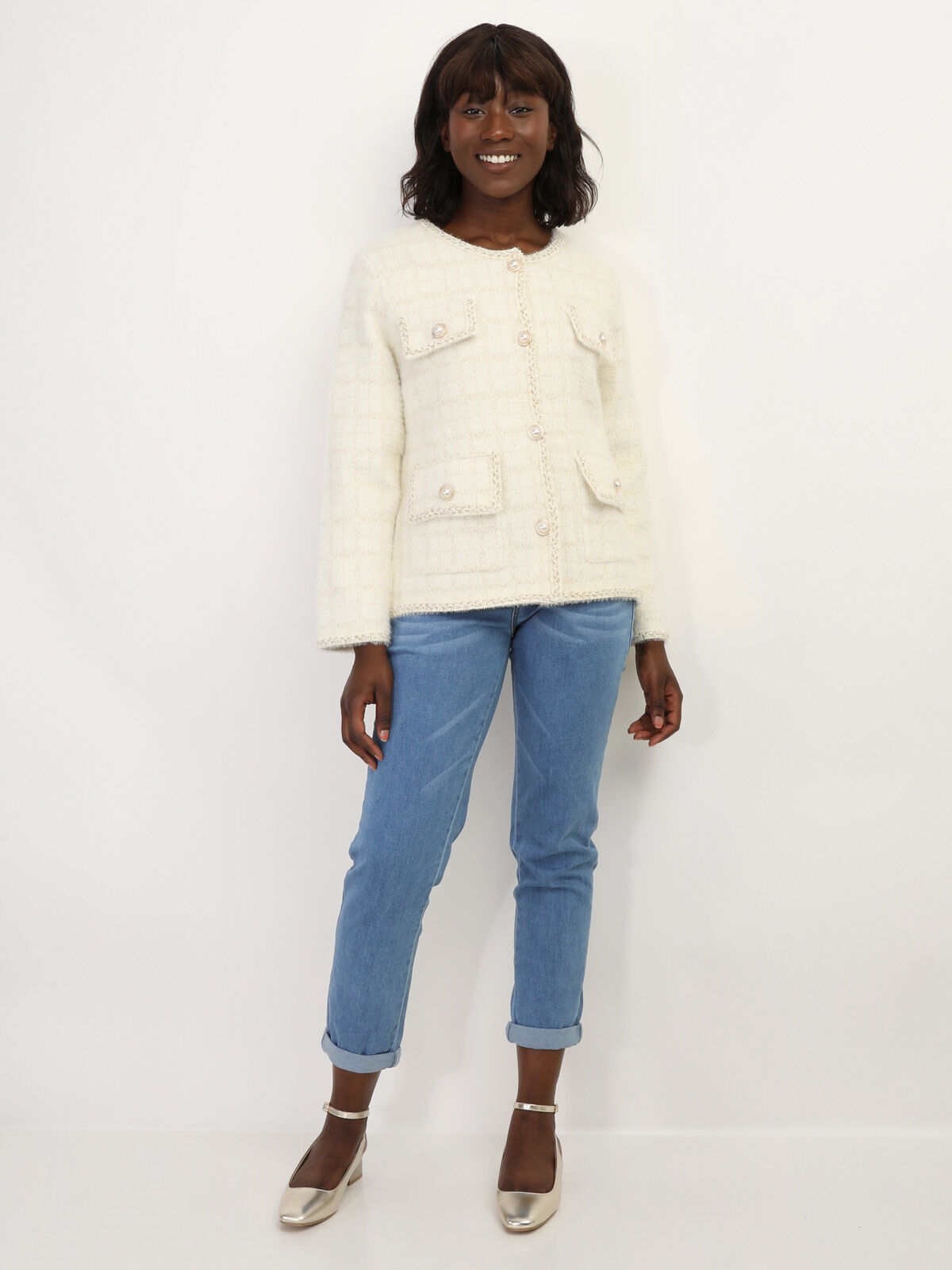 Veste style tweed à boutons nacrés- Écru
