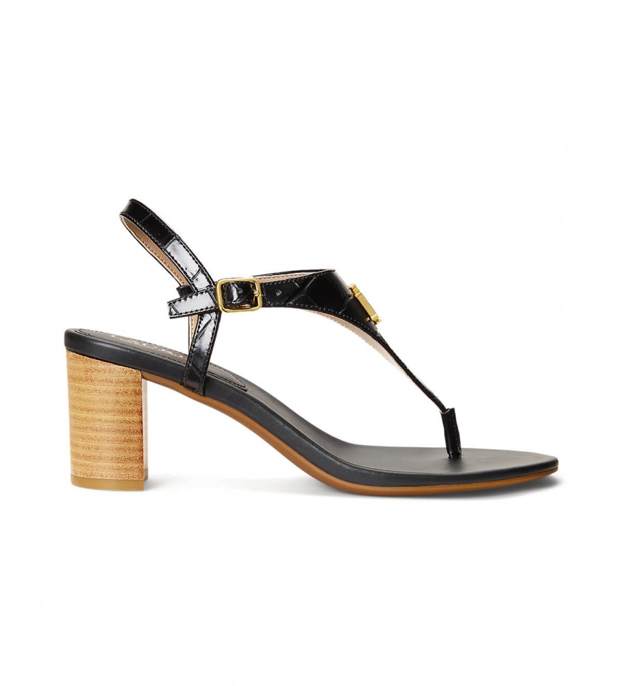 Sandália Ralph Lauren Westcott II em couro preto texturizado - Altura do salto: 6 cm -