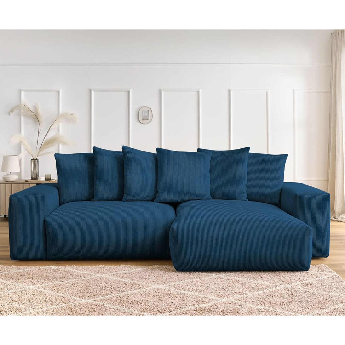 Bobochic Canapé d'angle réversible ultra moelleux voltaire velours côtelé bleu foncé - 310x174x75 cm