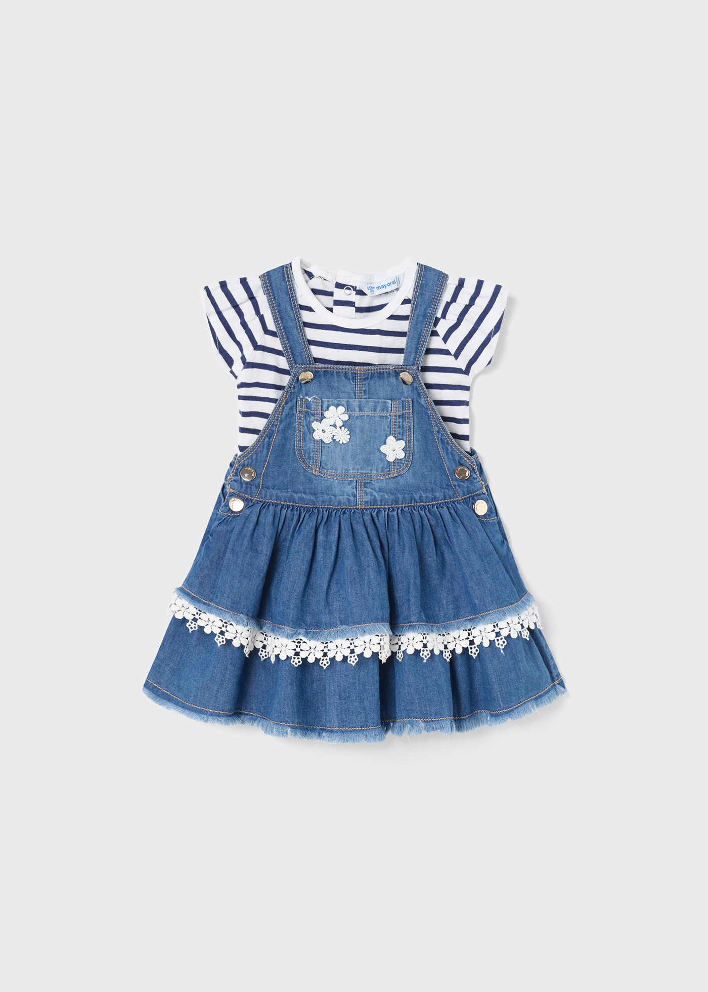 Conjunto de duas peças com jardineira jeans de algodão para bebê