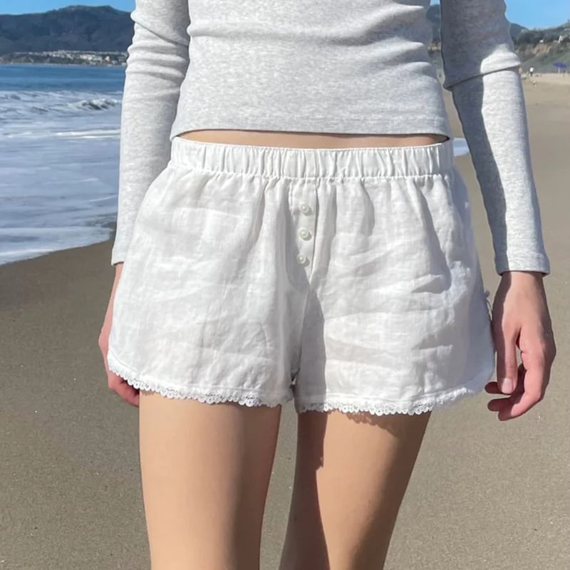 Honet - Lage taille, effen, wijde shorts met kantafwerking