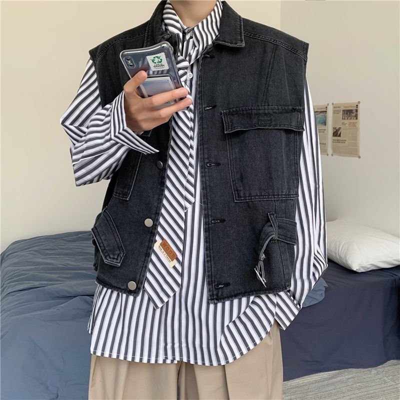 WidoWilder - Gewassen denim vest met kraag en gespen