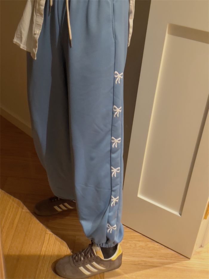 Rosesand - Hoge taille strikprint effen losse wijde joggingbroek