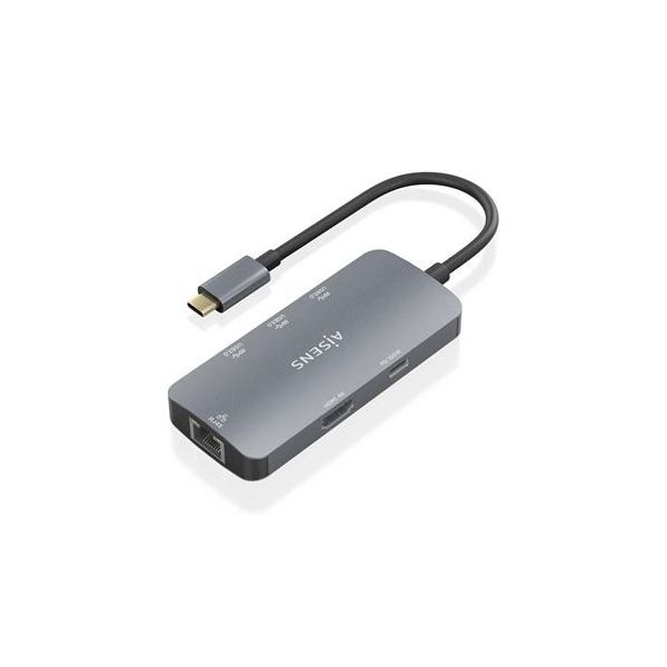 Aisens Docking Station 6-in-1   USB-C de 6 Portas HDMI RJ45 USB-A USB-C PD Cinza Cabo de 15cm